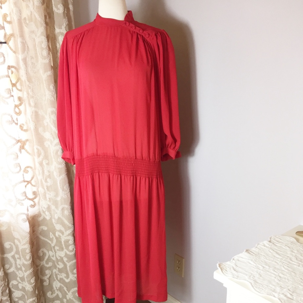 Vintage Joy Stevens California Red Chiffon Sheer Drop Waist Dress
